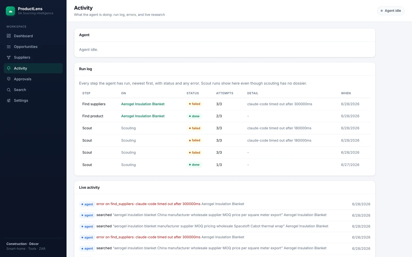 ProductLens Activity view: an agent run log showing each step with status and attempts, including failed steps that timed out, plus a live activity feed of searches.