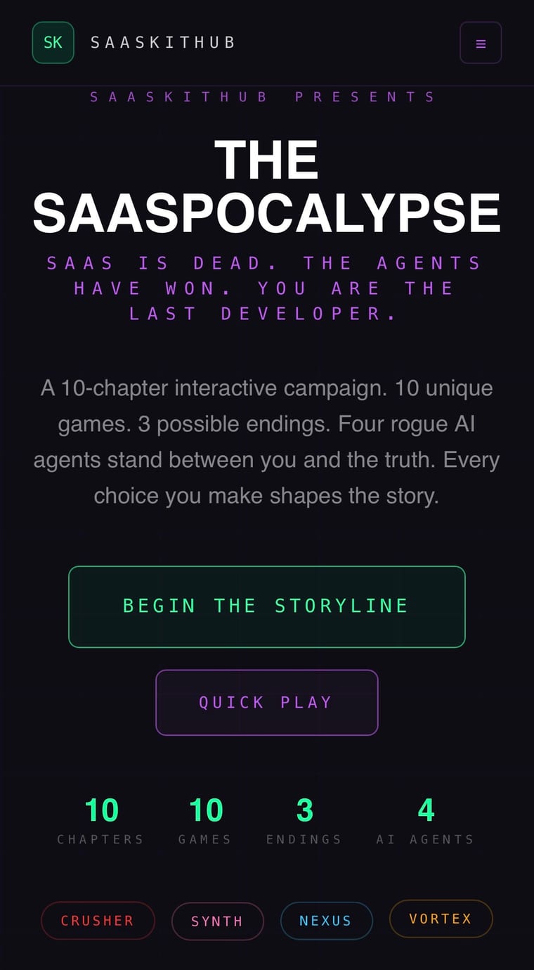 The SaaSpocalypse cover on saaskithub.com: a ten-chapter campaign, ten games, three endings, and four rogue AI agents