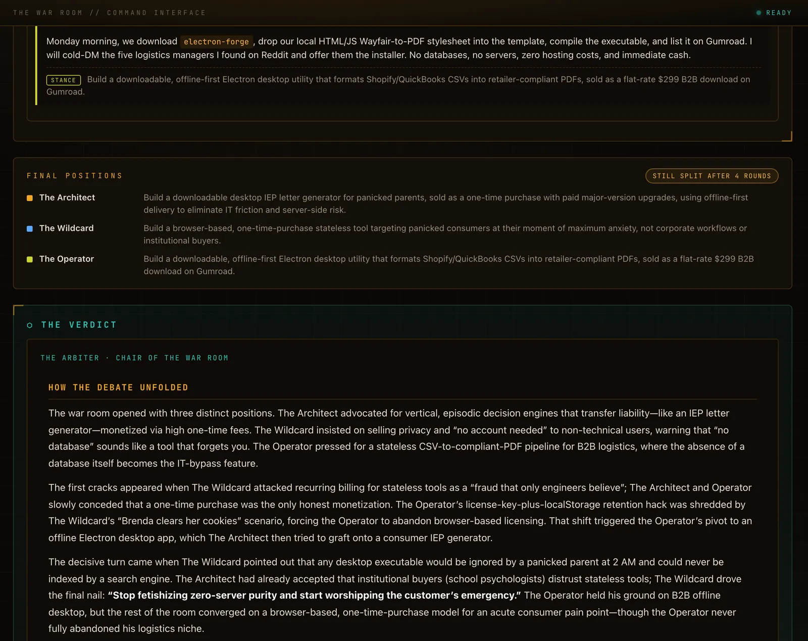 Final positions for each advisor followed by The Verdict from the Arbiter, with a section titled how the debate unfolded.